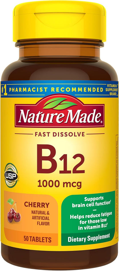 Nature Made Vitamin B12 1000 mcg, Easy to Take Vitamin B12 Sublingual Tablets for Energy Metabolism Support, 50 Sugar Free Fast Dissolve Tablets, 50 Day Supply