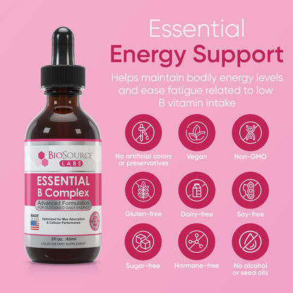 BioSource Labs Essential B Complex - Daily Vegan Vitamin B-Complex Sublingual Liquid Drops with Methyl B12 (60ml Bottle) - 60-Day Supply
