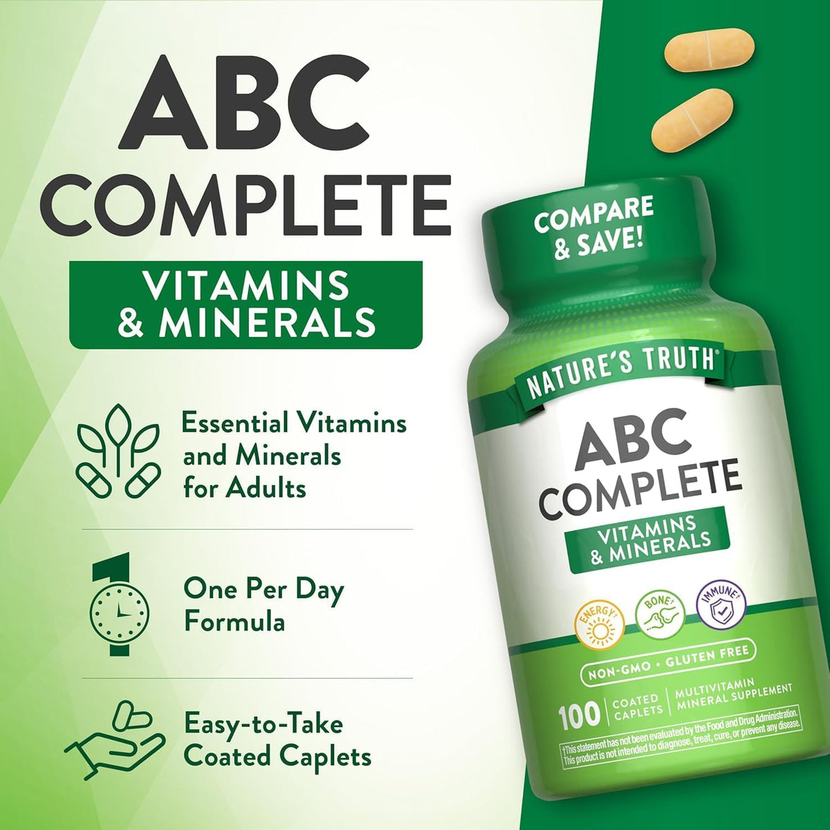 Nature's Truth ABC Complete Vitamins + Minerals Multivitamin Supplement – 100 Coated Caplets (Pack of 2) - görsel 8