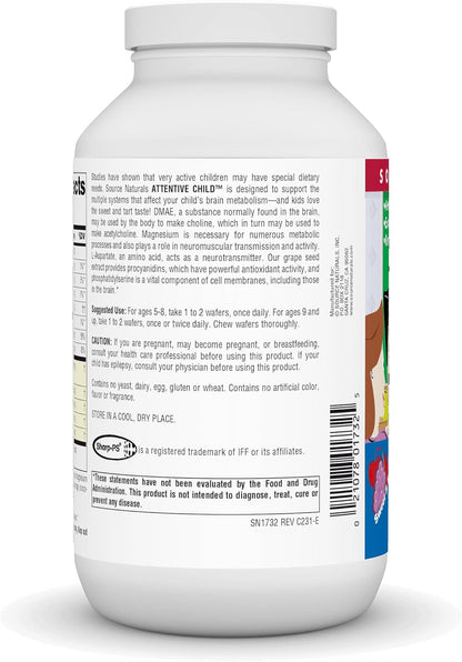 Source Naturals Attentive Child Chewable Wafers for Brain Metabolism Support - 120 Fruit Flavoured Wafers