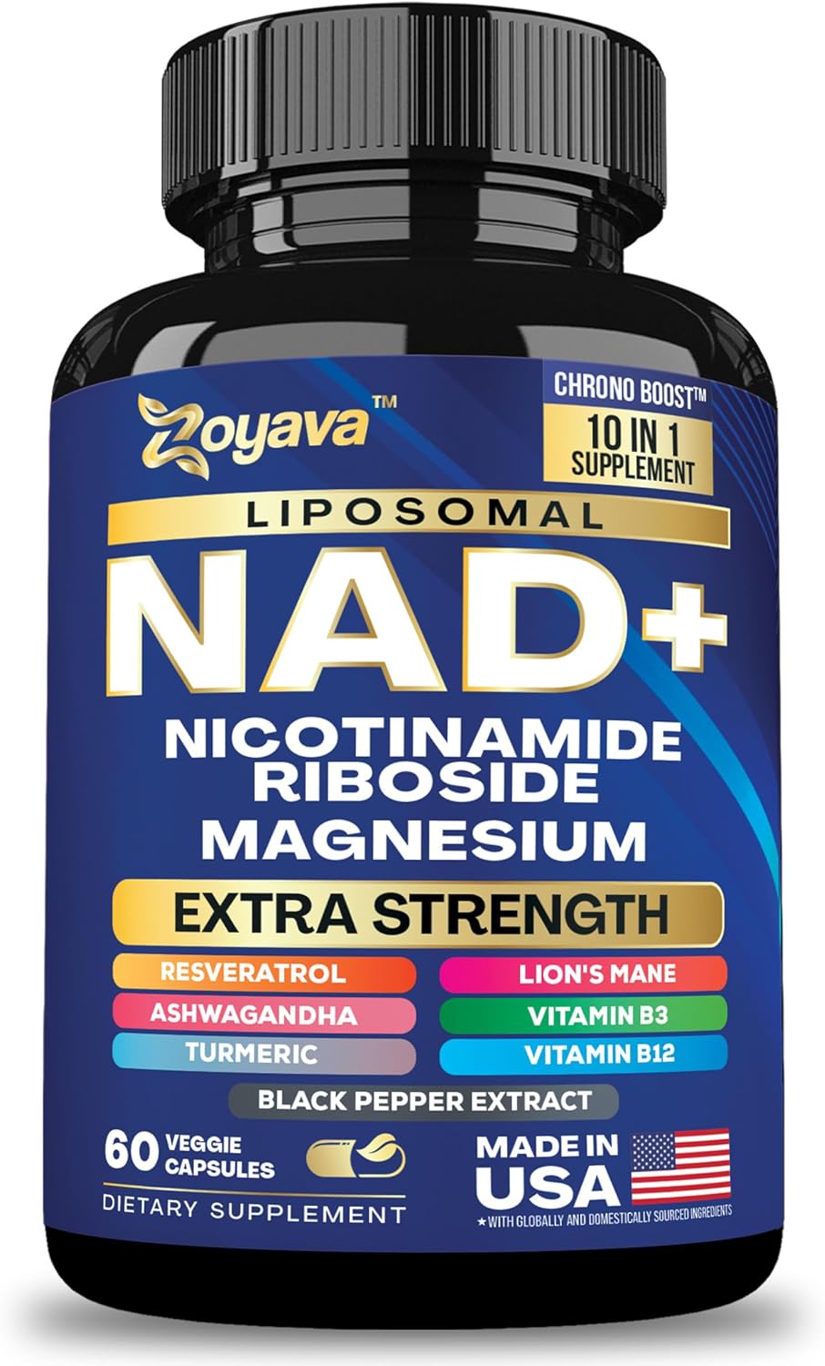 Zoyava NAD+ Supplement Extra Strength – 10-in-1 with Liposomal NAD, Vitamin B3, B12, Magnesium, Niacinamide, Lion's Mane, Ashwagandha, Turmeric, Black Pepper – 60 Veggie Capsules - görsel 1