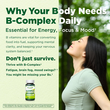 Bioactive B Complex with Active B12 & Folate – Contributes to Energy Metabolism, Brain & Nerve Function, 60 Vegan Capsules