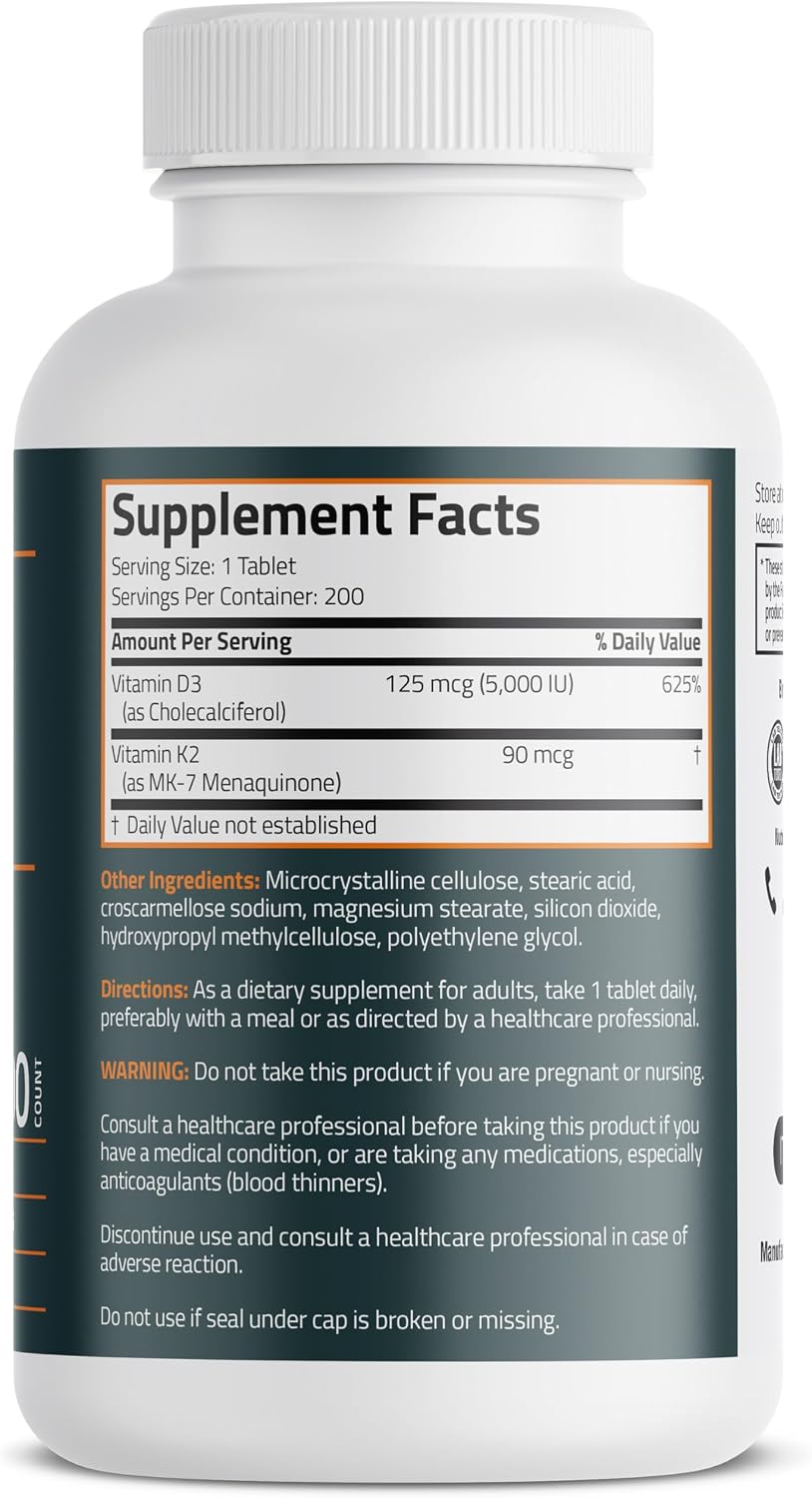 Bronson Vitamin K2 D3 (MK7) Supplement - 5000 IU D3 & 90 mcg K2 MK-7, 200 Tablets - görsel 2