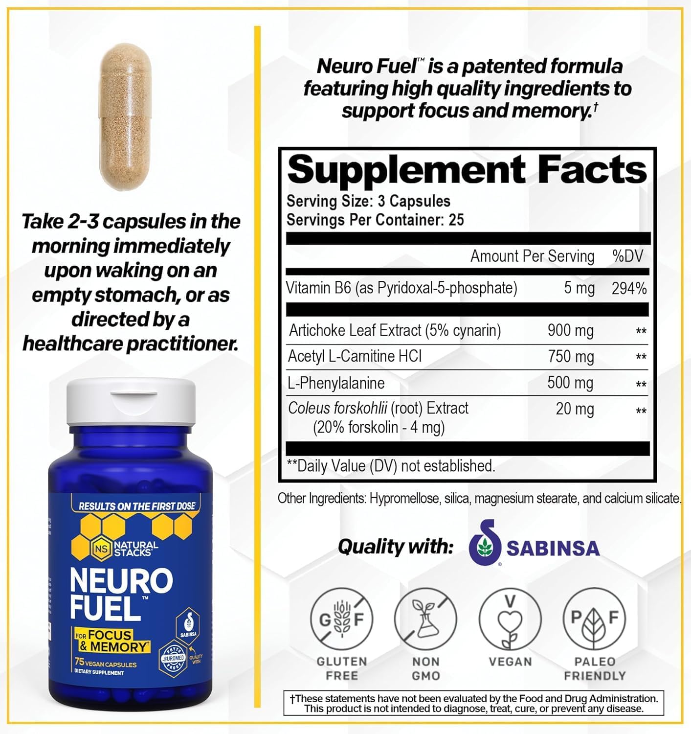 NATURAL STACKS Original NeuroFuel - Nootropic Brain Support Supplement - 75 Capsules - görsel 2