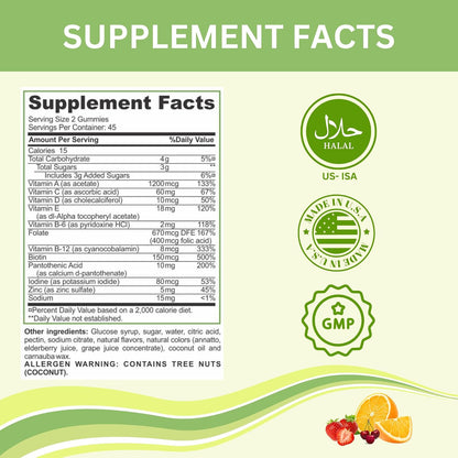 Greenfield Nutritions Halal Multivitamin Gummies for Adults – Gelatine-Free with Vitamin D3, B6, B12, Zinc & C (90 Gummies)