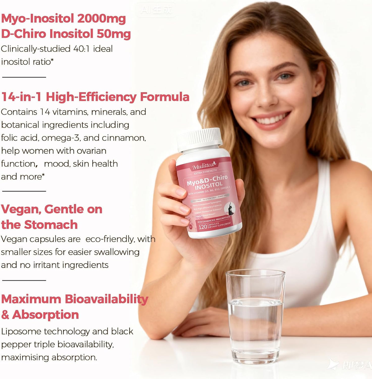 Mulittea Myo-Inositol & D-Chiro Inositol Supplement - 14-in-1 Liposomal with Folic Acid, Omega-3 & Multivitamin for Women, – Image 5