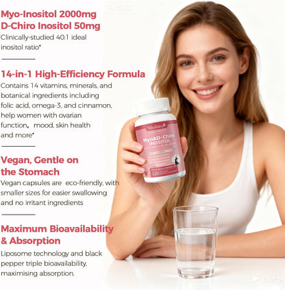 Mulittea Myo-Inositol & D-Chiro Inositol Supplement - 14-in-1 Liposomal with Folic Acid, Omega-3 & Multivitamin for Women, – Image 5
