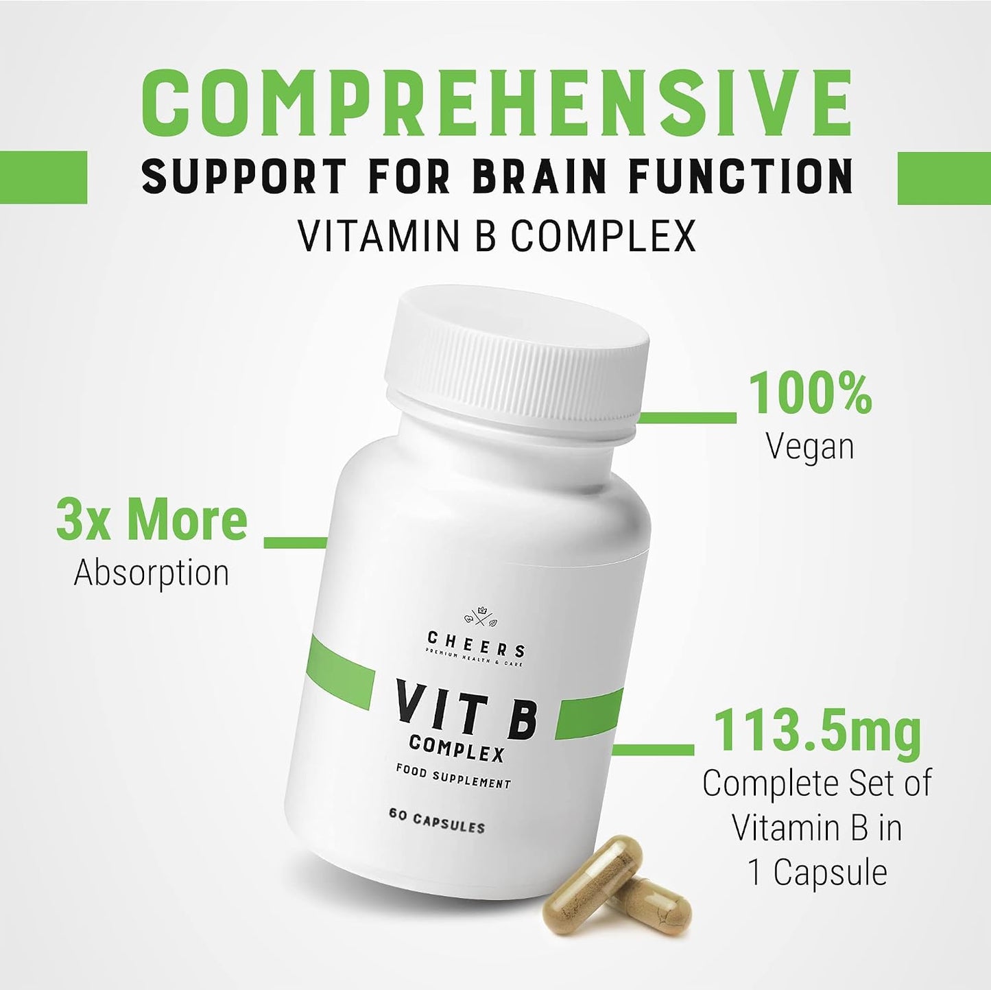 CHEERS Vitamin B Complex - 113.5mg Complete B Vitamins - Vegan, Non-GMO, DRcaps Plus - 60 Capsules - görsel 2