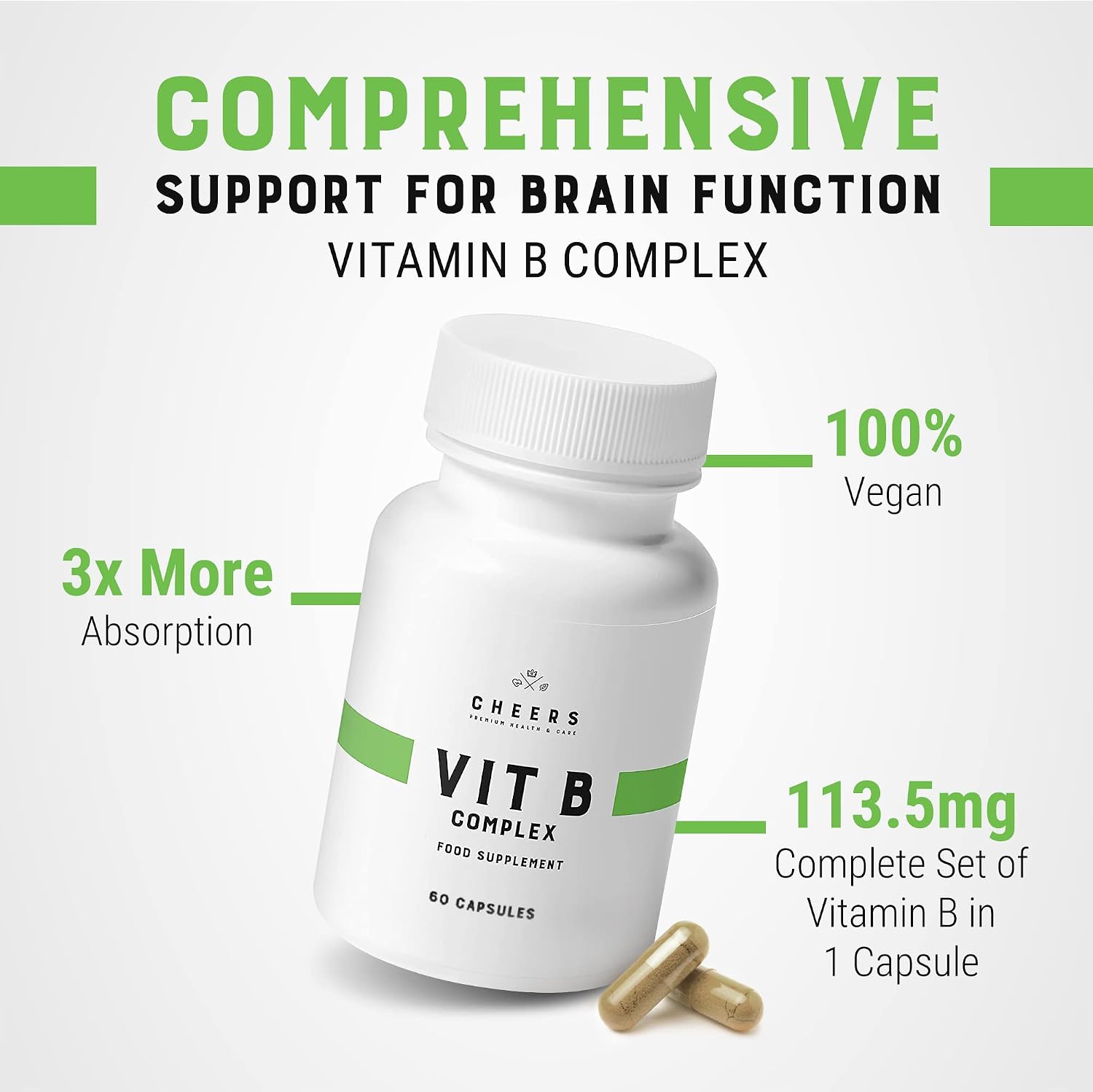 CHEERS Vitamin B Complex - 113.5mg Complete B Vitamins - Vegan, Non-GMO, DRcaps Plus - 60 Capsules - görsel 2
