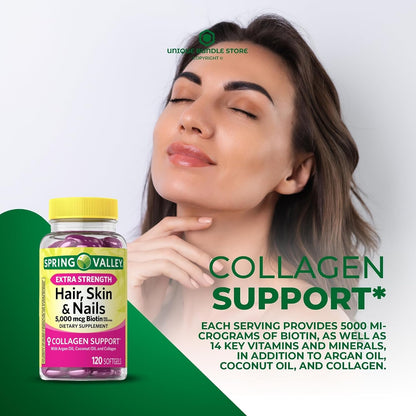 Extra Strength Hair Skin Nails 5000 mcg Biotin 120 Soft Capsules - Hair Skin Nails Vitamins for Women with Collagen Support (Pack of 2)