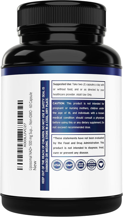 NAD+ Supplement (500mg) - Nicotinamide Adenine Dinucleotide for Women and Men - Third-Party Tested, Vegan, Non-GM - 60 Capsules