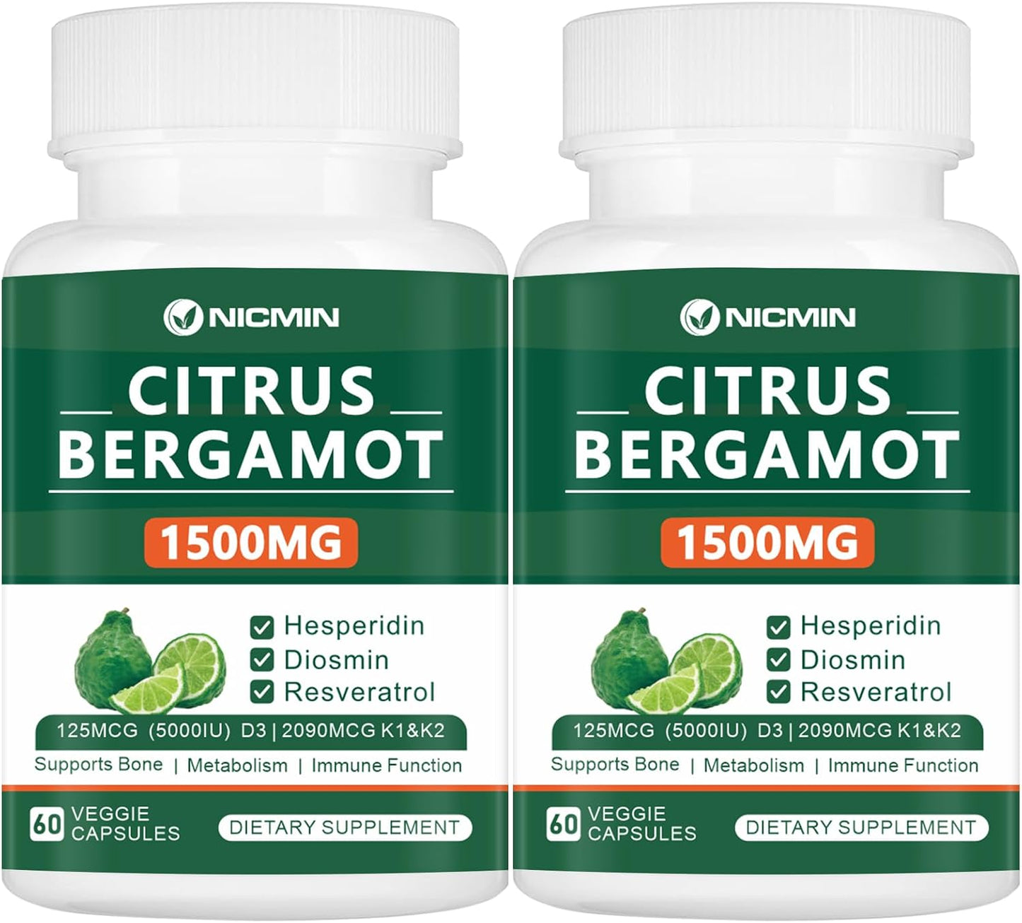 NICMIN Citrus Bergamot 1500mg with Hesperidin, Diosmin, Resveratrol, Vitamin D3, K1 & K2 - Supplement for Heart & Bone Health, 60 Vegetable Capsules - görsel 1