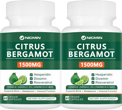 NICMIN Citrus Bergamot 1500mg with Hesperidin, Diosmin, Resveratrol, Vitamin D3, K1 & K2 - Supplement for Heart & Bone Health, 60 Vegetable Capsules
