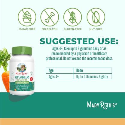 MaryRuth's Super Greens | Naturally-Occurring Quercetin | Spirulina | Broccoli Root | Kale Leaf | Sugar-Free Gummies for Adults and Kids Ages 4+ | 2g Fibre | Vegan | 60 Gummies