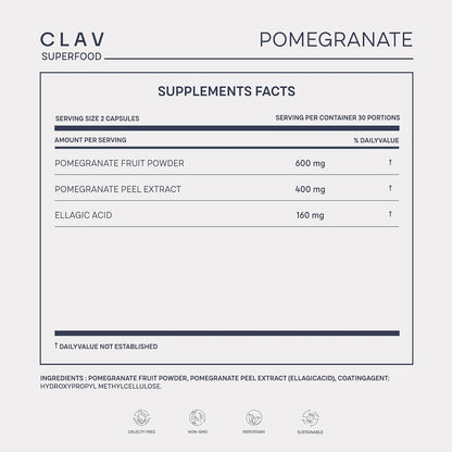 CLAV Pomegranate Extract 1000mg - 40% Ellagic Acid - Vegan Supplement for Heart & Joint Support - 60 Capsules