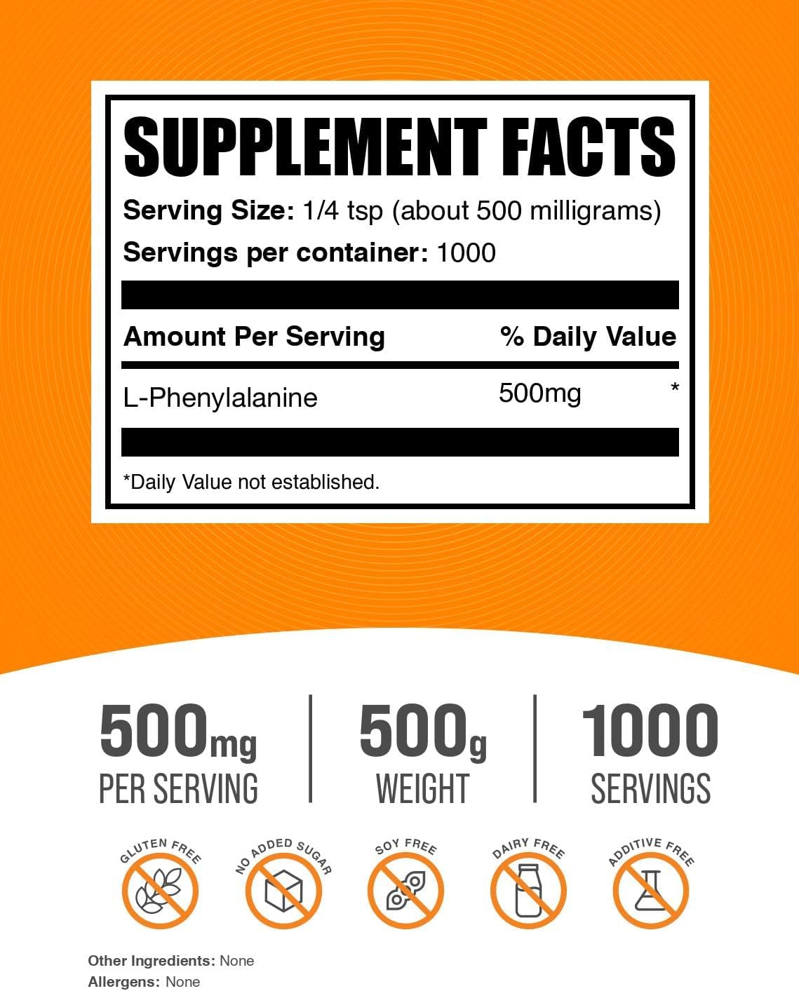 BulkSupplements.com L-Phenylalanine Powder - 500mg per Serving, 500g - görsel 2