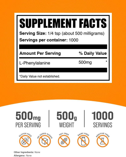 BulkSupplements.com L-Phenylalanine Powder - 500mg per Serving, 500g