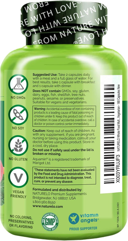NATURELO Multivitamins for Teens – Whole Food Multivitamin with Minerals, 180 Capsules