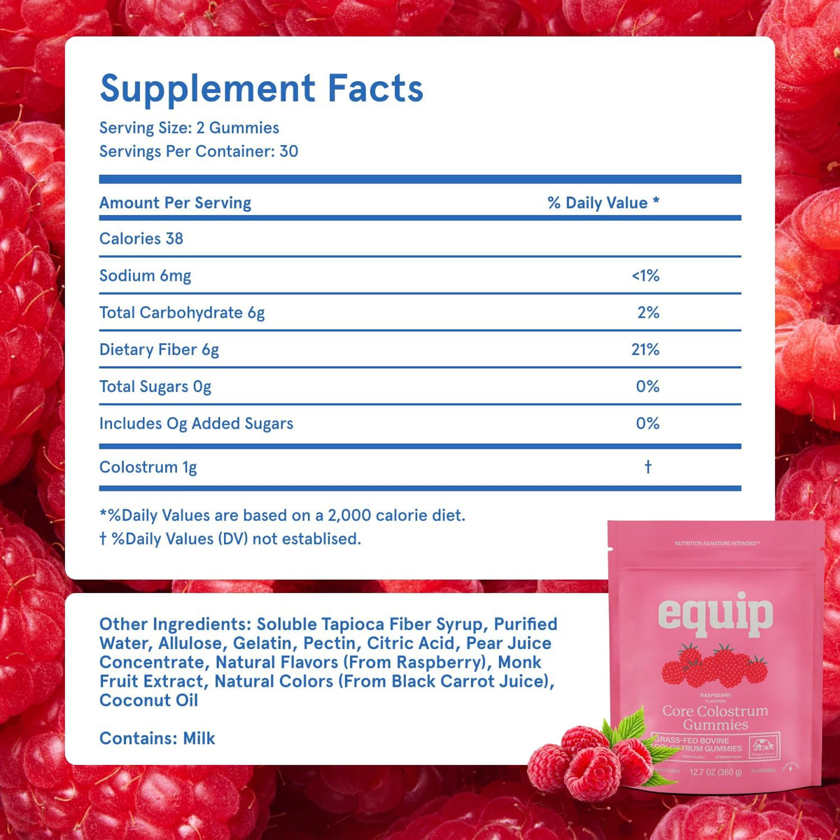 Equip Foods Core Bovine Colostrum Gummies - Delicious 1g Per Serving Grass Fed Colostrum Supplement - Gut Health, Immunity, Recovery, Hair & Skin - 60 Bovine Colostrum Gummies, 30 Servings, Raspberry - görsel 6