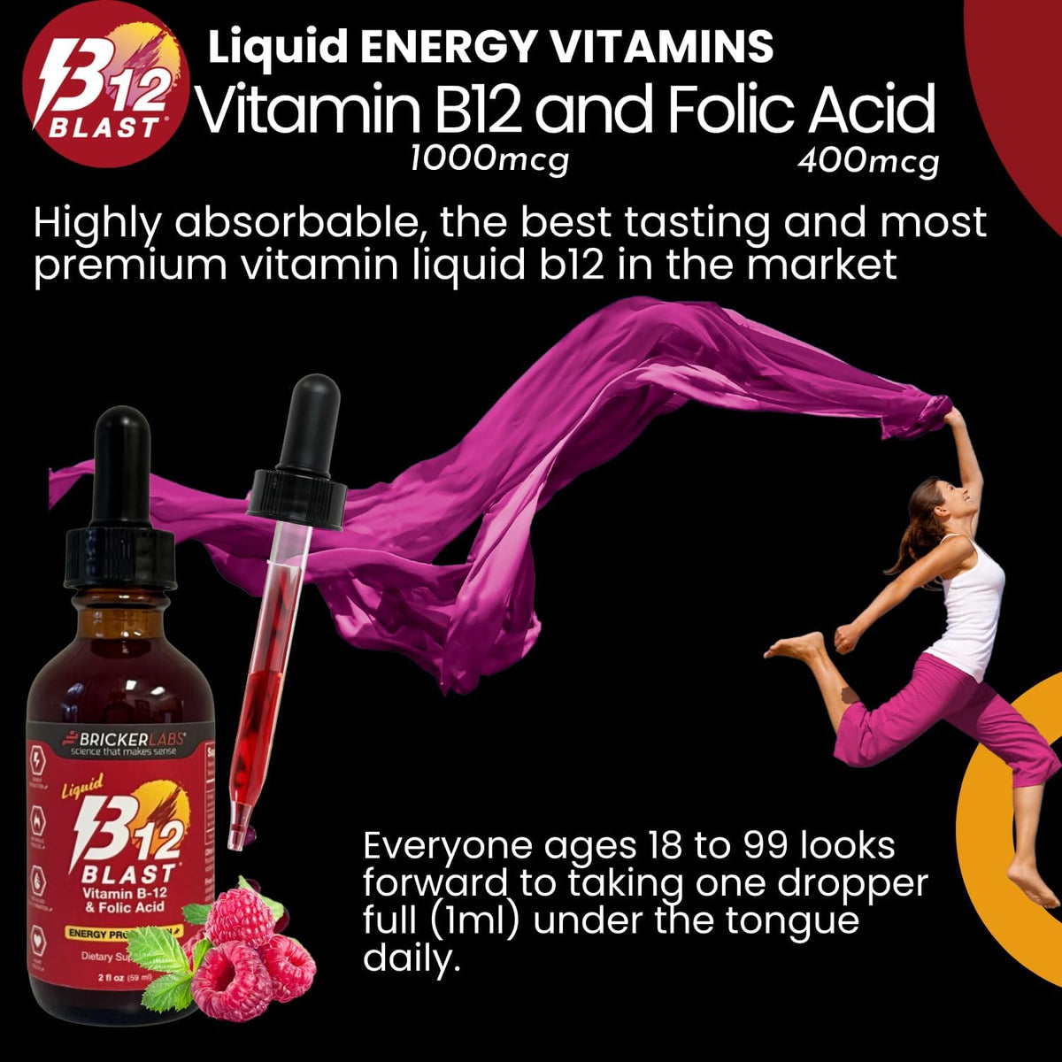 Bricker Labs B-12 Blast Liquid Vitamin B12 and Folic Acid Food Supplement – Natural Raspberry Flavour, 59 ml - görsel 8