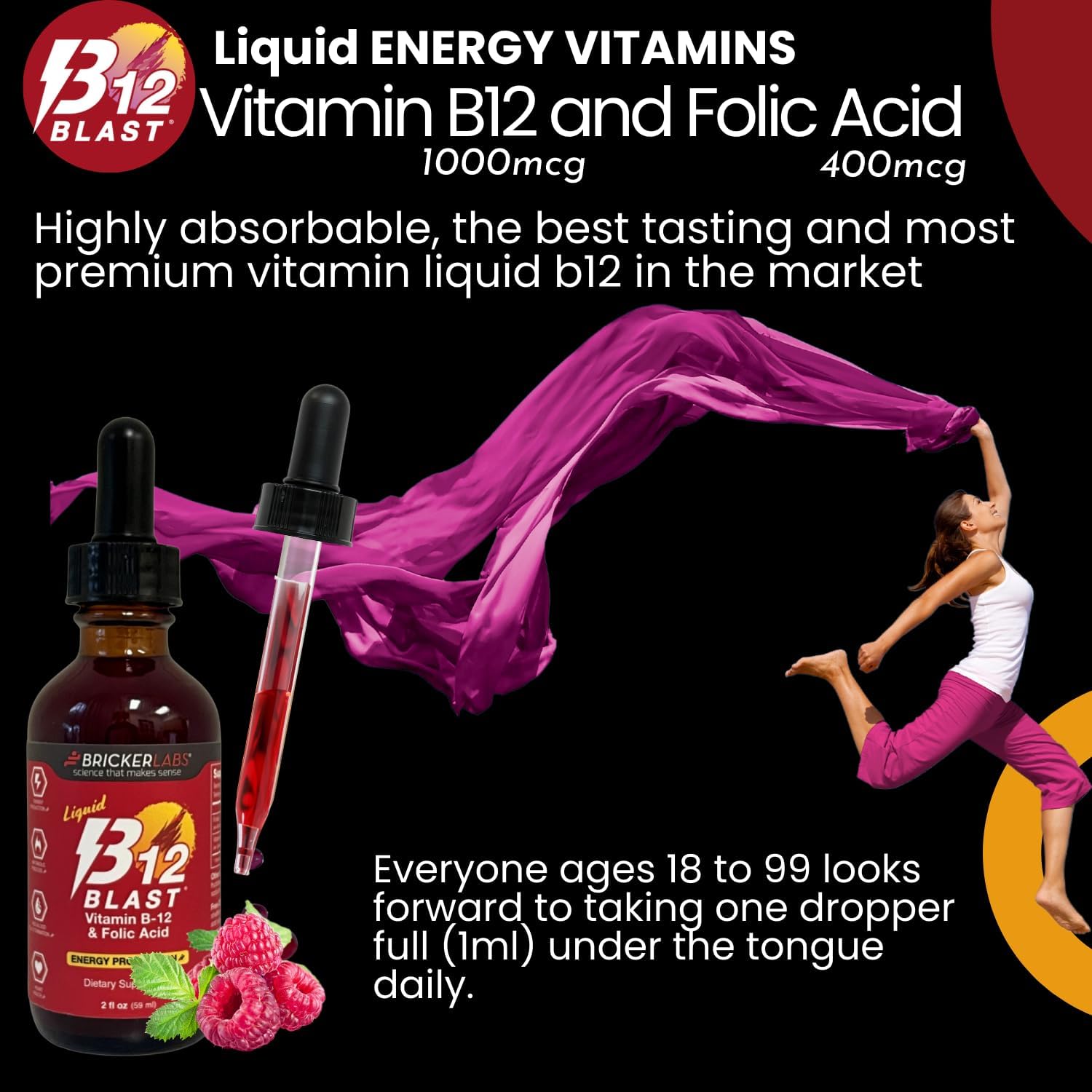 Bricker Labs B-12 Blast Liquid Vitamin B12 and Folic Acid Food Supplement – Natural Raspberry Flavour, 59 ml - görsel 8