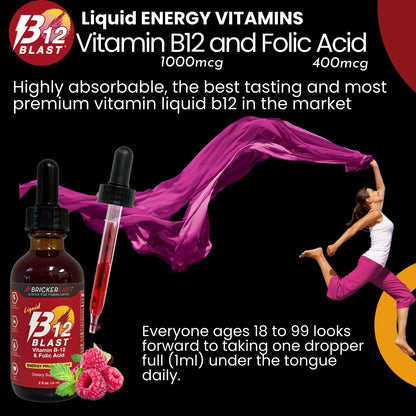 Bricker Labs B-12 Blast Liquid Vitamin B12 and Folic Acid Food Supplement – Natural Raspberry Flavour, 59 ml