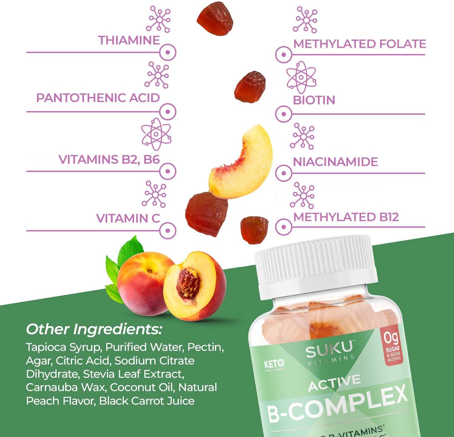SUKU Vitamin B Complex Gummies with Vitamin C – Sugar Free Vegan 8 B Vitamins, Peach Flavour (50 Gummies) - görsel 5