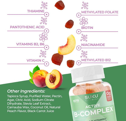 SUKU Vitamin B Complex Gummies with Vitamin C – Sugar Free Vegan 8 B Vitamins, Peach Flavour (50 Gummies)