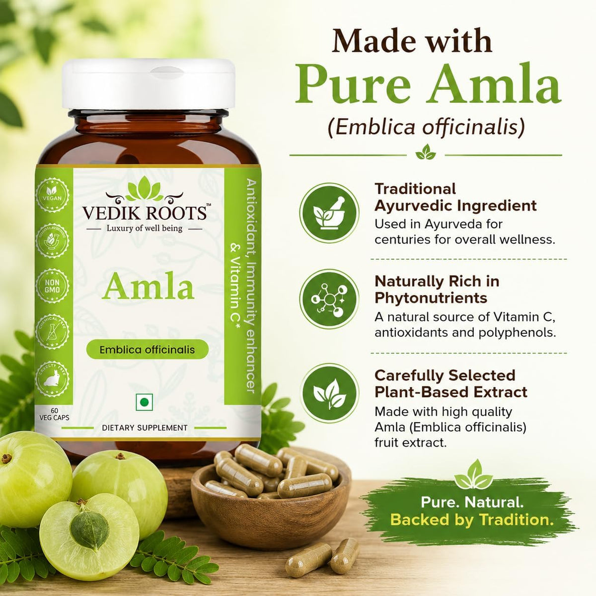 VEDIKROOTS Amla Capsules - 100% Organic Immunity Enhancer, Natural Vitamin C Supplement (60 Capsules) - görsel 6