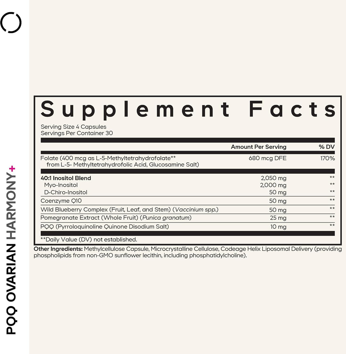 Codeage PQQ Ovarian Harmony+ Food Supplement - PQQ (Pyrroloquinoline Quinone), Myo-Inositol & D-Chiro-Inositol 40:1 Blend, Folate 5-MTHF, CoQ10, Wild Blueberry - Liposomal Delivery - Non-GMO - 120 Capsules - görsel 2