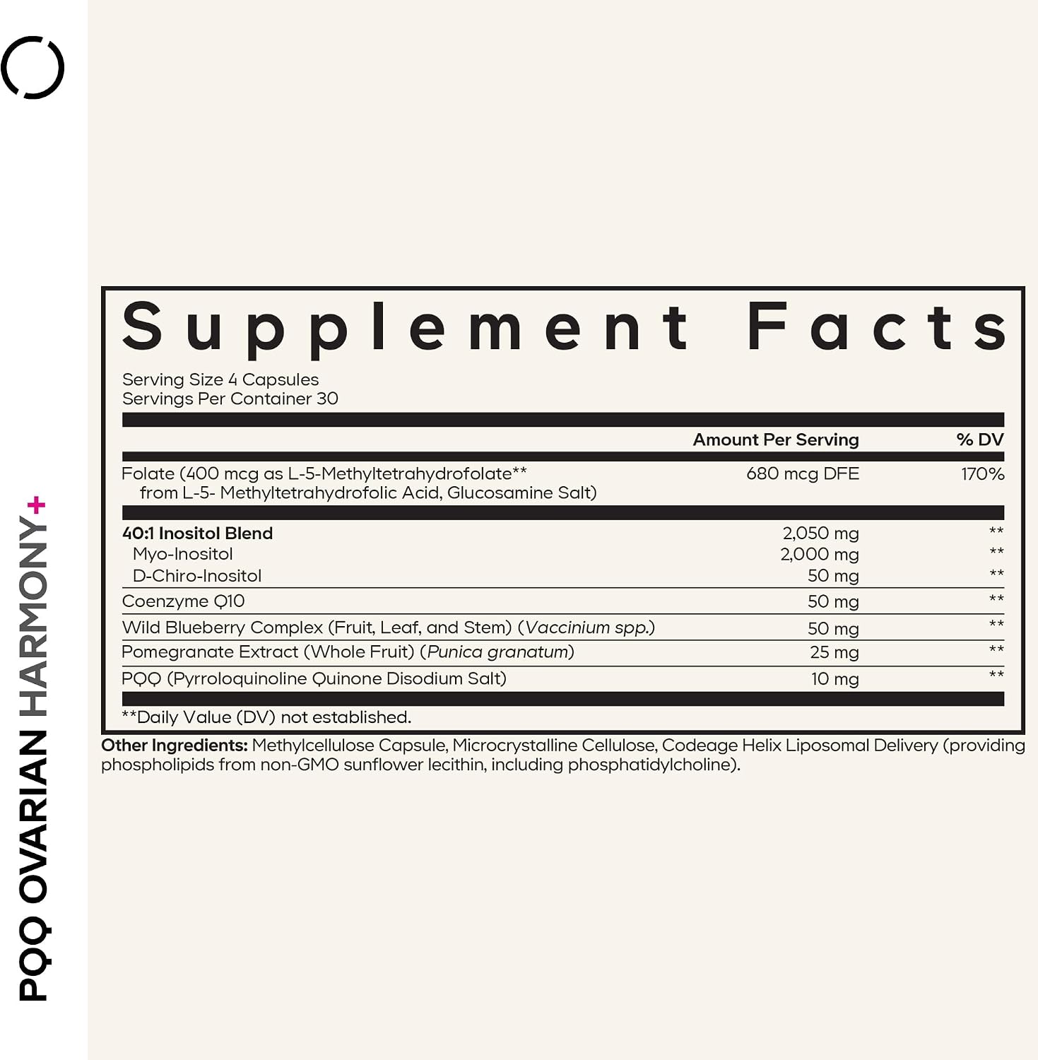 Codeage PQQ Ovarian Harmony+ Food Supplement - PQQ (Pyrroloquinoline Quinone), Myo-Inositol & D-Chiro-Inositol 40:1 Blend, Folate 5-MTHF, CoQ10, Wild Blueberry - Liposomal Delivery - Non-GMO - 120 Capsules - görsel 2