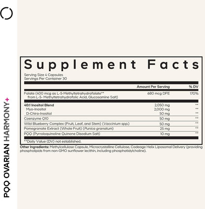 Codeage PQQ Ovarian Harmony+ Food Supplement - PQQ (Pyrroloquinoline Quinone), Myo-Inositol & D-Chiro-Inositol 40:1 Blend, Folate 5-MTHF, CoQ10, Wild Blueberry - Liposomal Delivery - Non-GMO - 120 Capsules