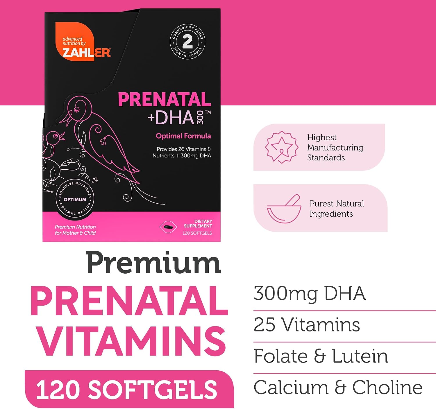Zahler Prenatal +DHA 300 – Methylated Folate and DHA Supplement for Pregnancy – 120 Softgels - görsel 3