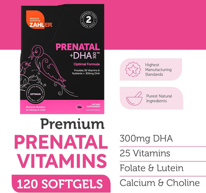 Zahler Prenatal +DHA 300 - Prenatal Vitamin with Methylated Folate & DHA for Pregnant Women - Support for Mum & Baby - Kosher, Gluten-free, Dairy-free - 120 Soft-gel Capsules