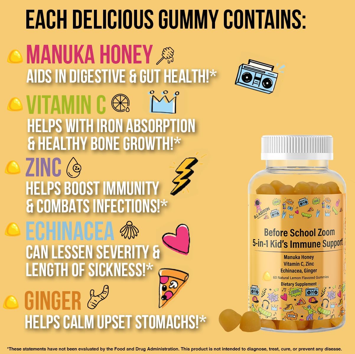 5-in-1 Kid's Immune Support Gummy - Manuka Honey, Vitamin C, Zinc, Echinacea, Ginger - Natural Citrus Flavoured - 60 Gummies - görsel 3