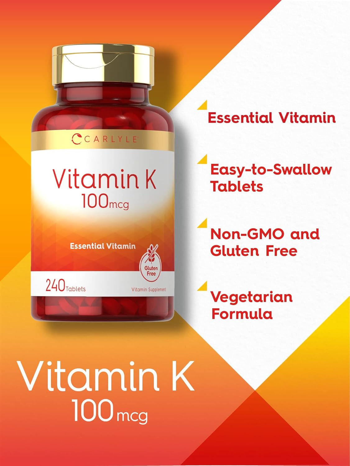 Carlyle Vitamin K 100 mcg, 240 Tablets – Vegetarian, Non-GMO, Gluten-free Supplement - görsel 3