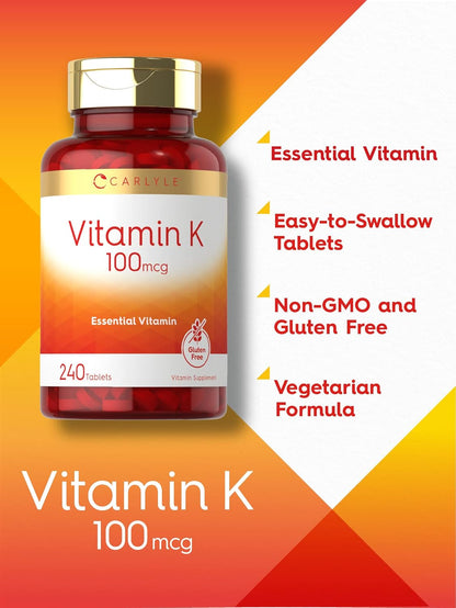Carlyle Vitamin K 100 mcg, 240 Tablets – Vegetarian, Non-GMO, Gluten-free Supplement