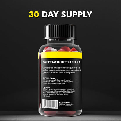 The Beard Club Biotin Beard Growth Vitamin Gummies – Hair Supplement for Men – Vitamins B12, E, & C to Support Thicker Fuller-Looking Facial Hair – Strawberry Flavour Gummy
