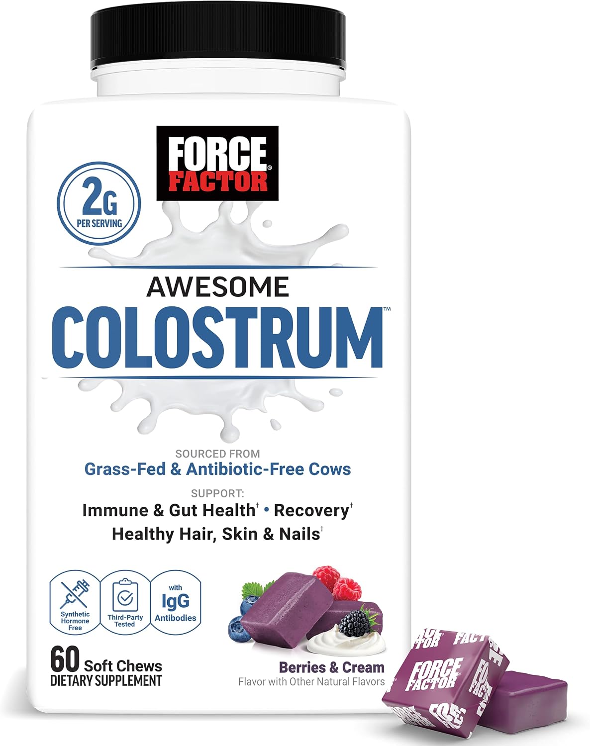 Force Factor Awesome Colostrum Supplement, Berries & Cream, 60 Soft Chews - görsel 1