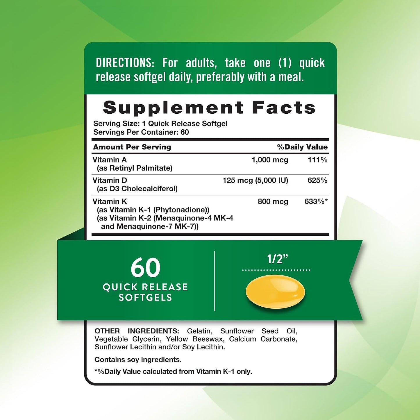Nature's Truth Vitamin ADK - 60 Softgels - High Potency A, D3, K1 & K2 - görsel 2