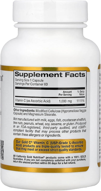 California Gold Nutrition Vitamin C, 1000 mg Veggie Capsules, 60 Count