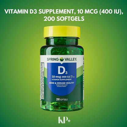 Vitamin D3 Soft gel capsules, Vitamin D3 10MCG (400 IU), 200 Count
