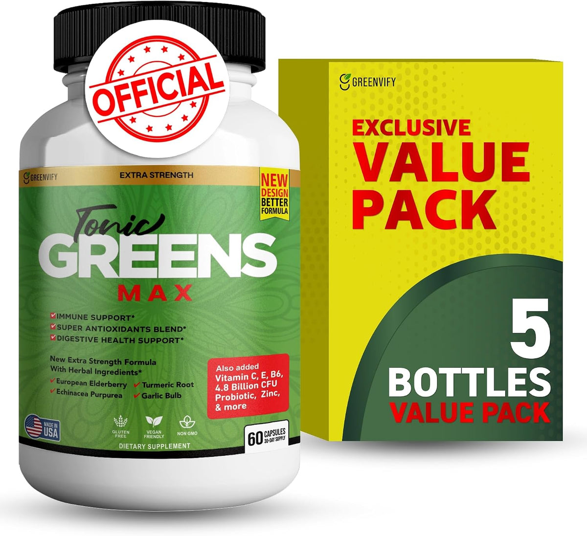Tonic Greens Max, Extra Strength Immune Support Supplement, 60 Capsules, with Elderberry, Turmeric, Probiotics - görsel 1
