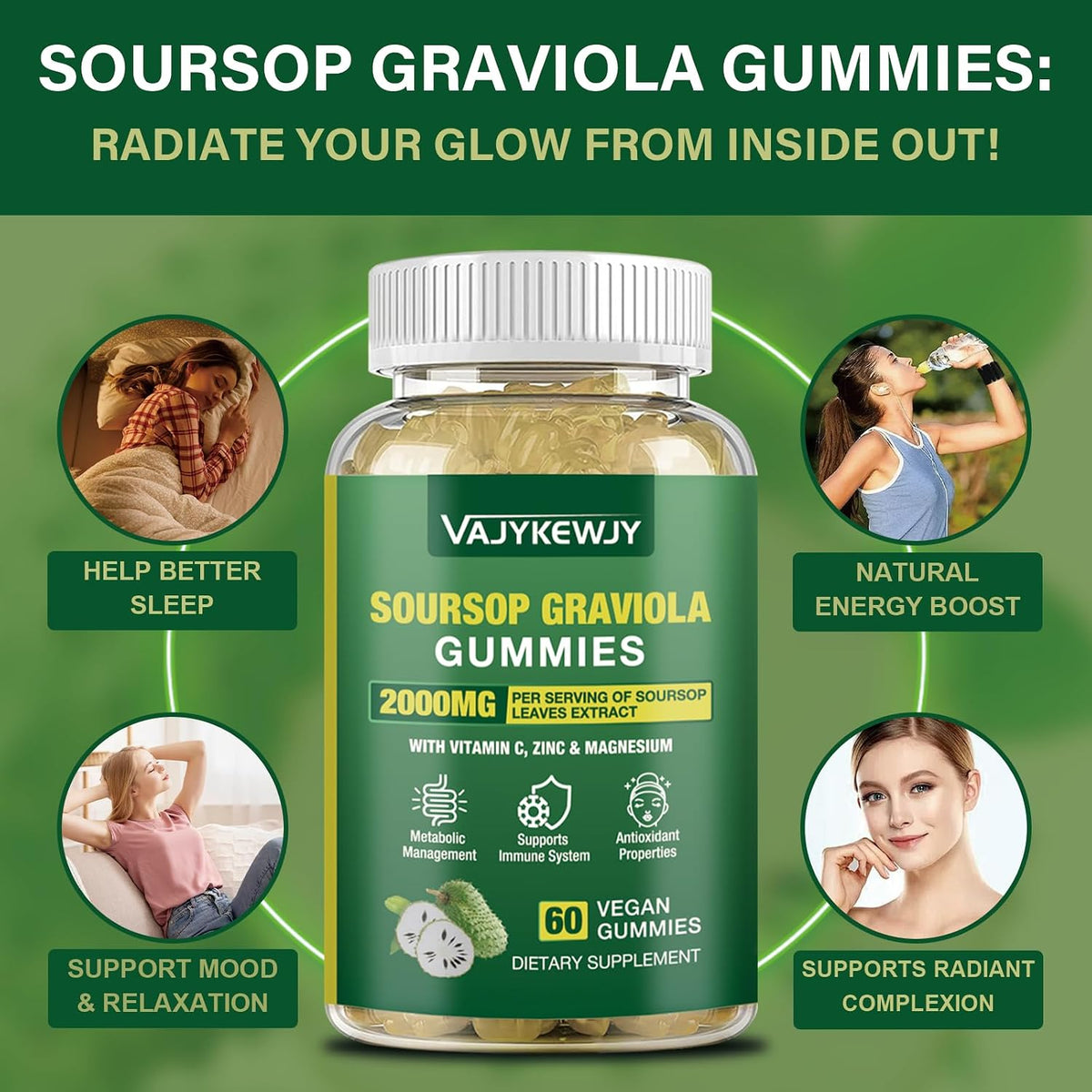 VAJYKEWJY Soursop Graviola Gummies – Extra Strength 2000mg with Vitamin C & Zinc, Vegan, 60 Gummies - görsel 4
