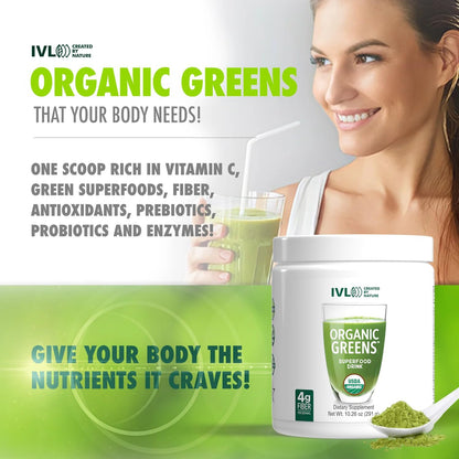 IVL - Organic Greens - Organic Superfood Drink - Packed with Antioxidants, Micronutrients, Prebiotics & Probiotics - for Immune Support, Digestive Health - Great Flavour (1 Pack, 30 Servings)