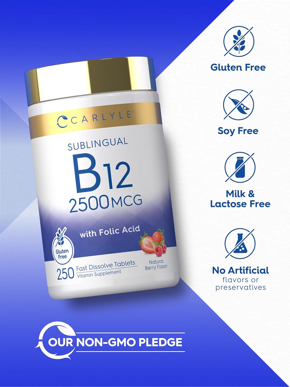 Carlyle Vitamin B12 Sublingual 2500mcg - 250 Fast-Dissolve Tablets - Cyanocobalamin with Folic Acid, Natural Berry Flavour - görsel 5