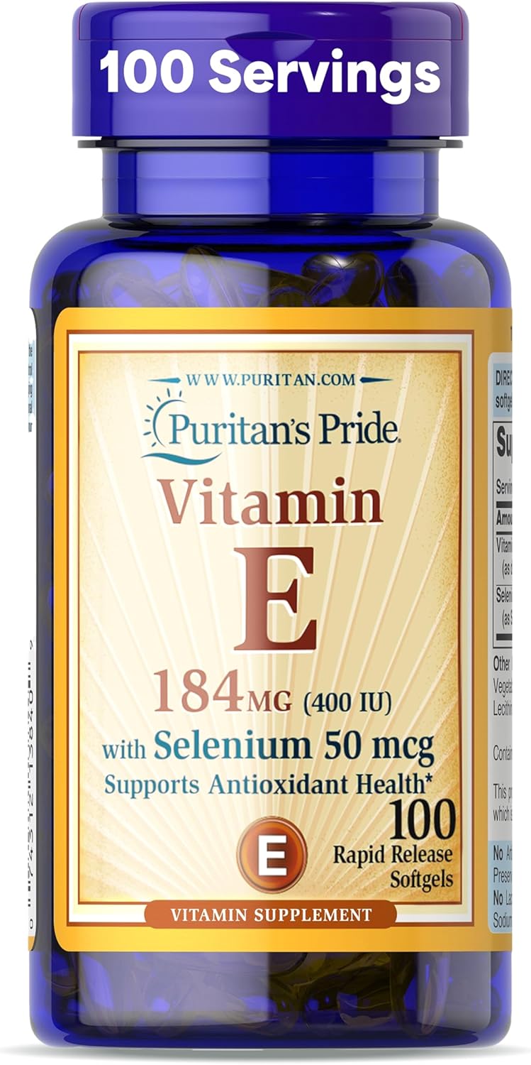 Puritan's Pride Vitamin E 184mg (400 IU) with Selenium 50mcg, 100 Rapid Release Softgels - görsel 1