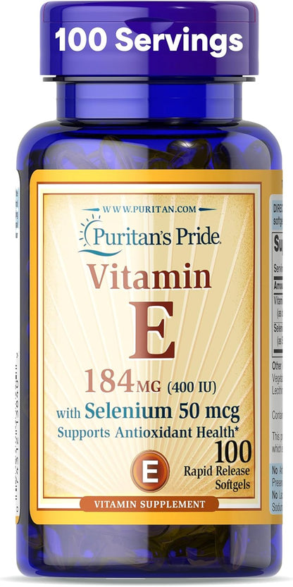 Puritan's Pride Vitamin E 184mg (400 IU) with Selenium 50mcg, 100 Rapid Release Softgels