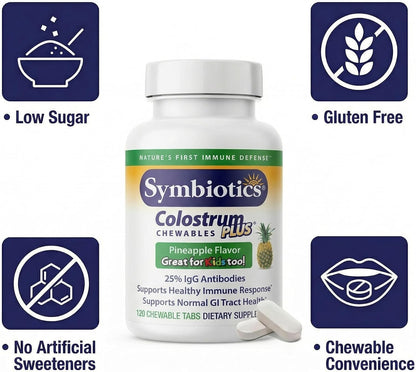 Symbiotics Colostrum Chewable Tablets – Immune and Digestive Support with Lactoferrin, 120 Count (Pineapple)