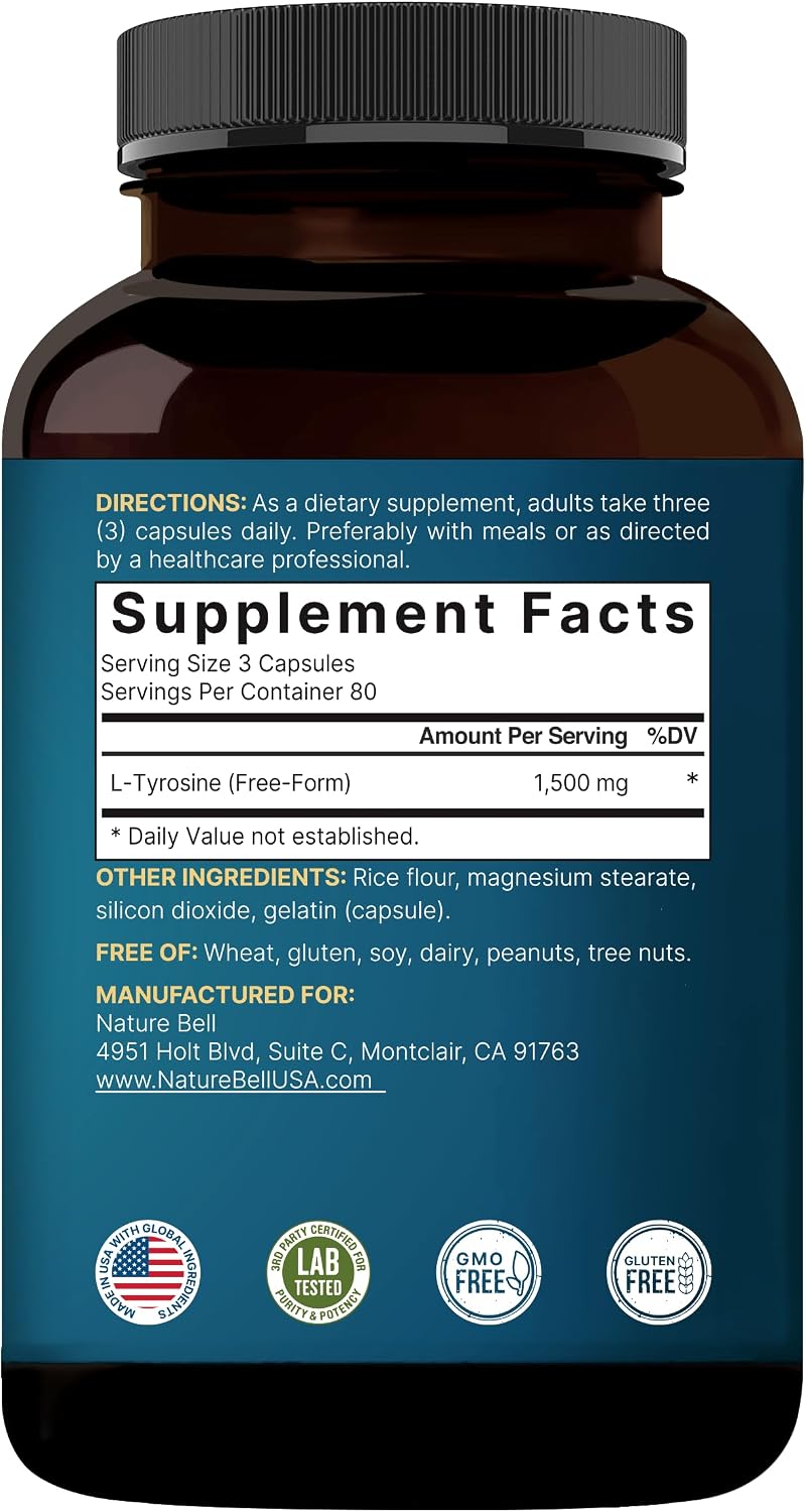 NatureBell L-Tyrosine Supplement – 1,500mg, 240 Capsules – Brain Health Support for Memory, Focus, and Mental Alertness – Non-GMO - görsel 6